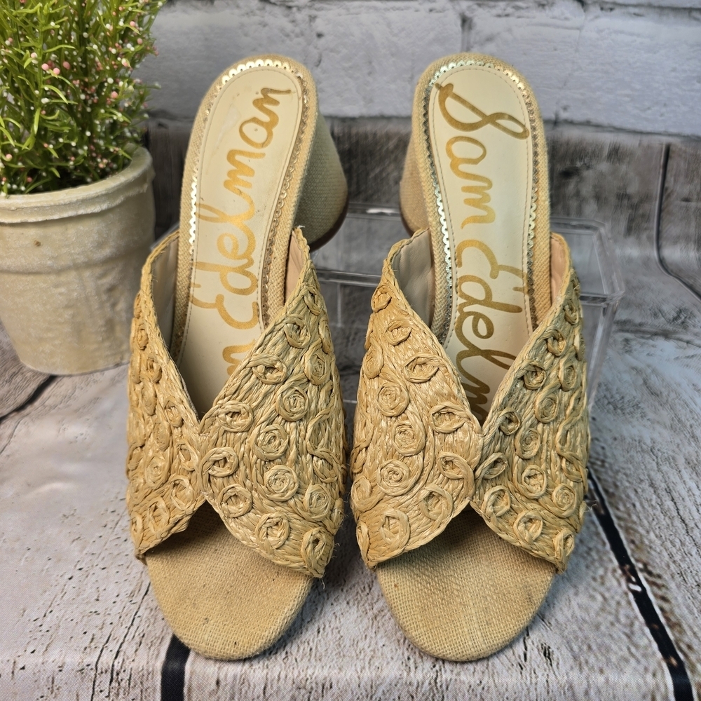 Sam Edelman Natural Tan Raffia Braided Block Heel Mules - Picture 5 of 10